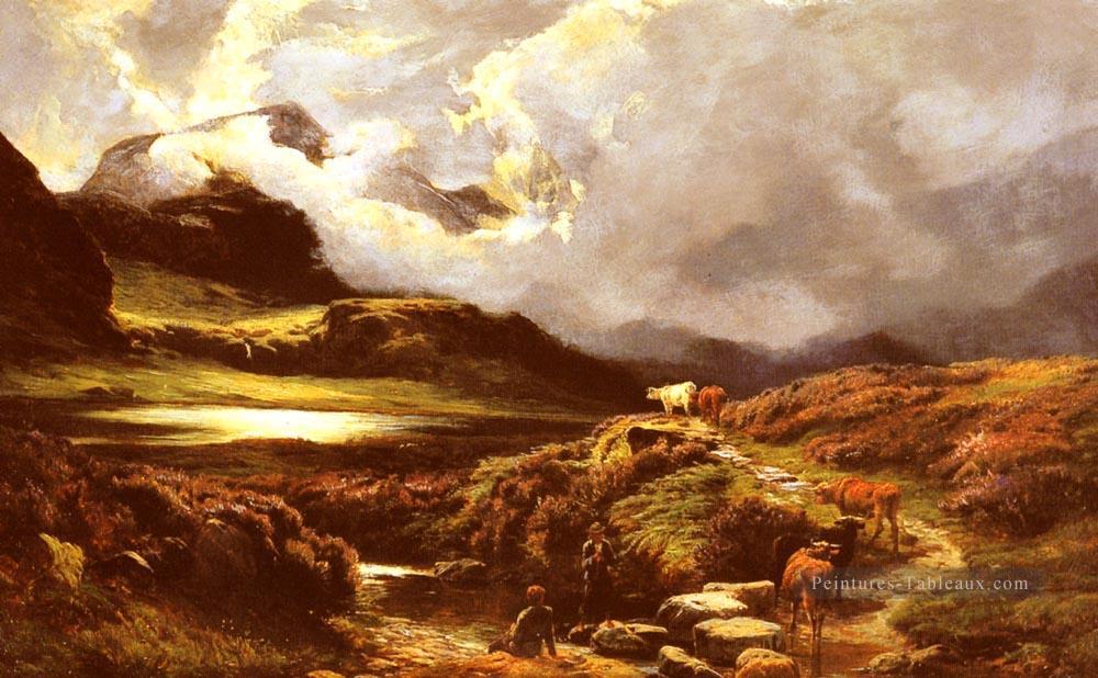 Bovins et bouviers sur un sentier paysage Sidney Richard Percy Montagne Peintures à l'huile